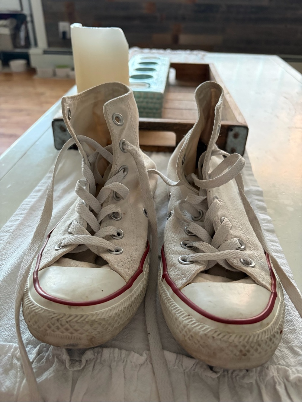 Converse White Canvas High-Top Sneakers with Red Accent
